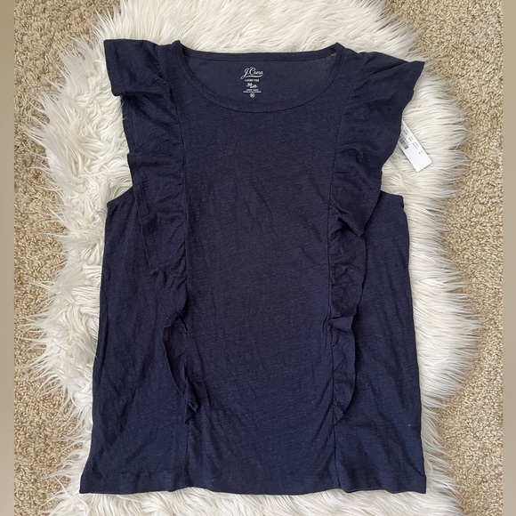 {J. Crew} Linen Ruffle Shell Shell Tank in Navy - Women's Medium - NWT - Picture 2 of 11